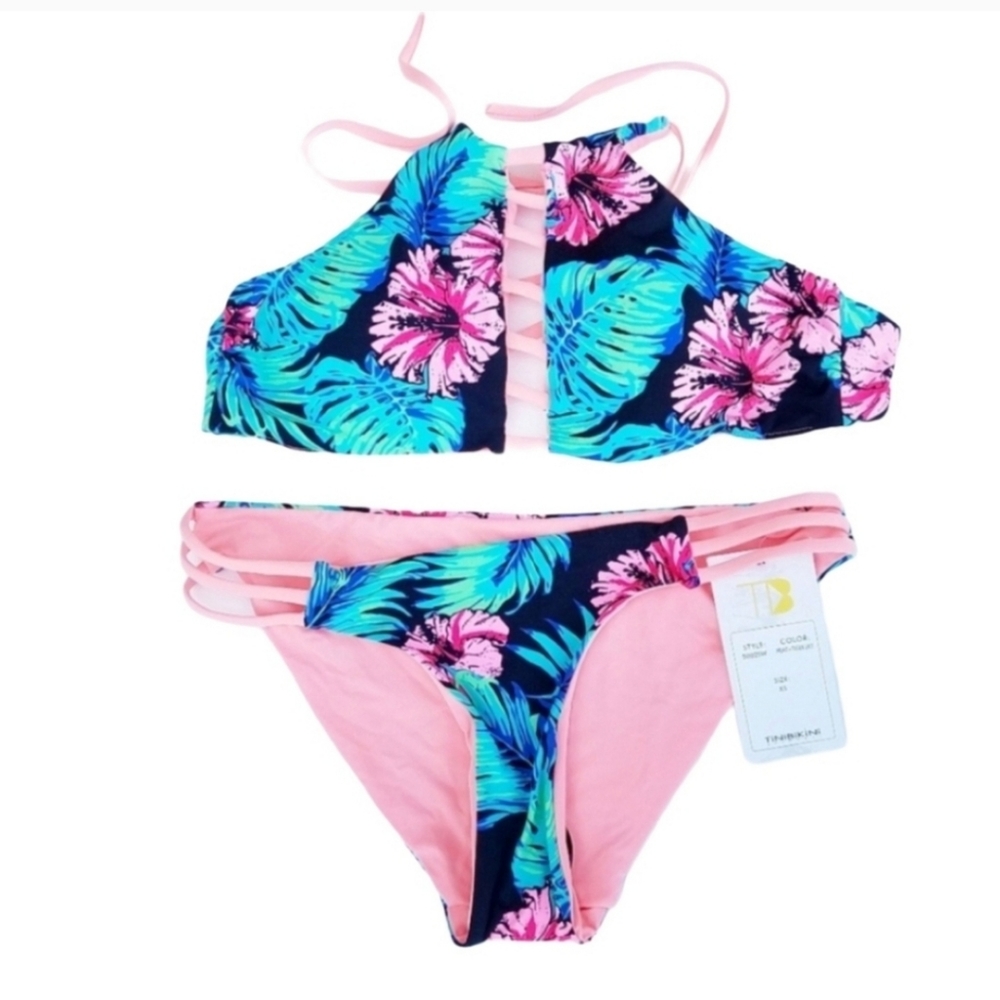 TINIBIKINI Pink and floral Swimsuit 2 piece REVERSABLE XSMALL